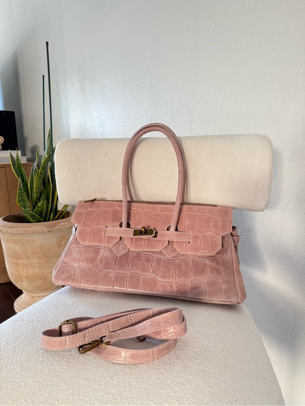 Pink Croc-Embossed Top-Handle Shoulder Bag